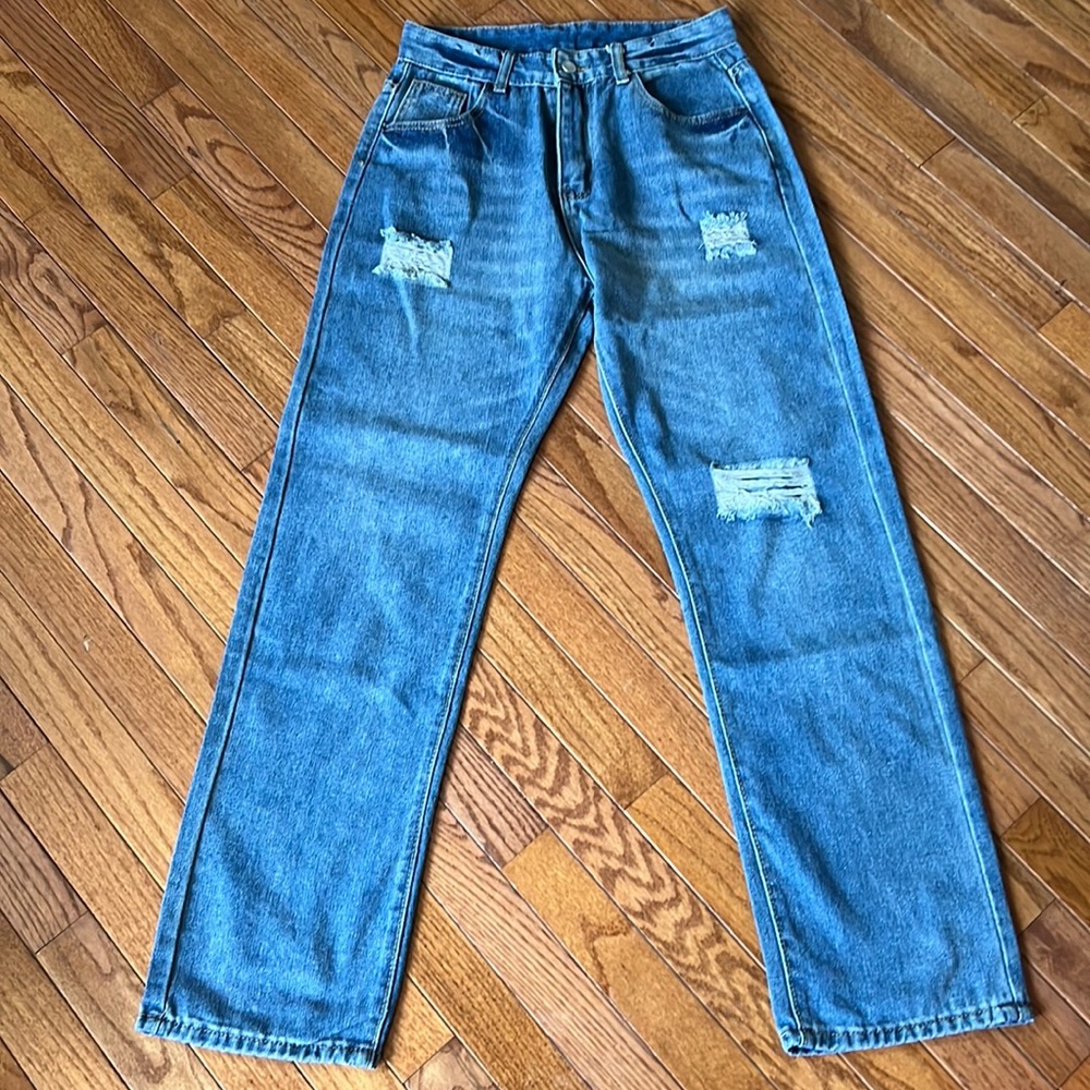 Ripped Water Ripple Embossed, High Waist Washed Wide Leg Denim size L